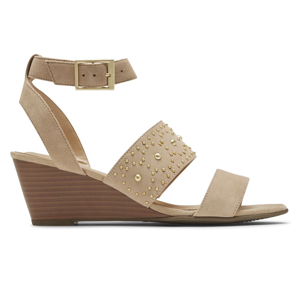 Rockport Women's Total Motion Taylor Studded Wedges Sandals - Beige - USA (1906GFPBK)